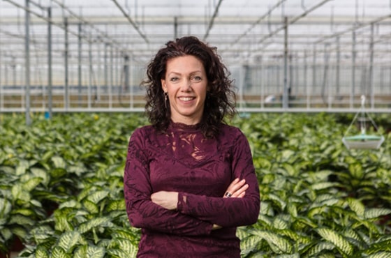 Joyce van der Burg in greenhouse in between plants